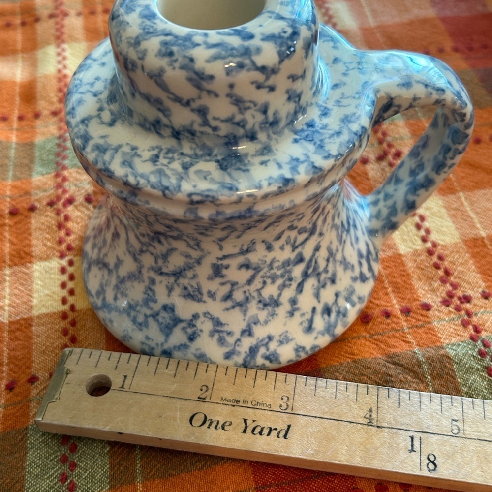 Country Blue And White Spongeware Candleholder With Handle Decor - Picture 6 of 6